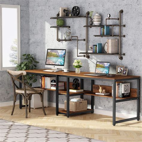 Buy Tribesigns Two Person Desk With Bookshelf 787 Computer Office