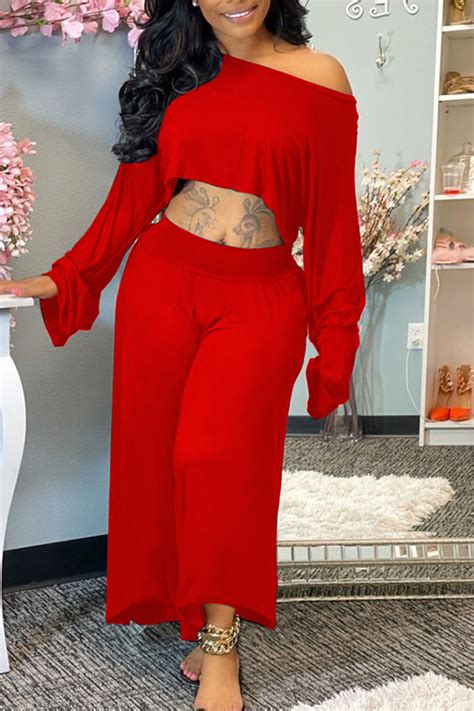 Red Casual Solid Split Joint O Neck Long Sleeve Two Pieces Two Pieces Knowfashionstyle