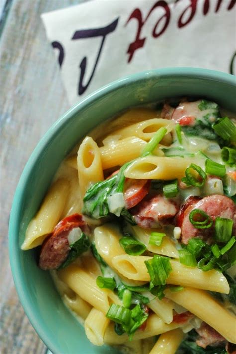 Add pasta, milk, and velveeta. Recipe: Smoked Sausage Penne Pasta - A Little Desert Apartment