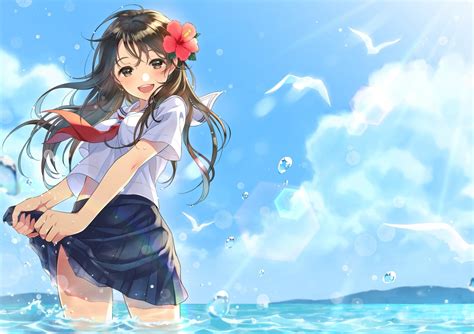 Papel De Parede Ilustração Mar Cabelo Longo Anime Meninas Anime Agua Morena Nuvens