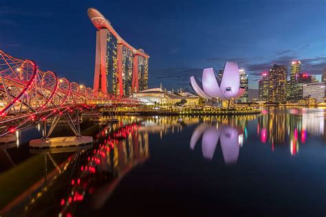 Buildings Marina Bay Sands Building Night Reflection Singapore Hd