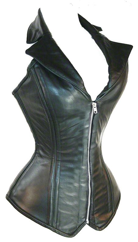 Black Leather Halter Style Corset With Zipper Front Lace Up Back Buckle Neck Strap And Notch