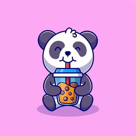 Cute Panda Drinking Boba Milk Tea Cartoon Vector Icon Illustration