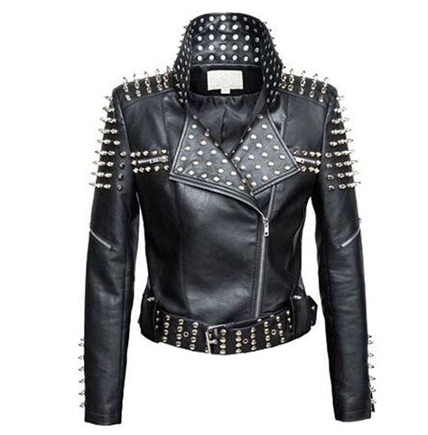 Black Color Belted Genuine Leather Silver Spiked Punk Studs Jacket For