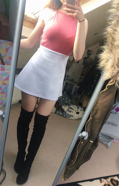 Mirror Selfie Of Black Thigh High Boots On Bare Legs With Short Miniskirt Thighhighboots