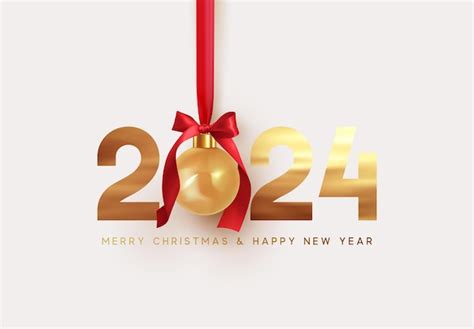 2024년 새해 복 많이 받으세요 활이 달린 빨간 리본에 현실적인 값싼 공을 걸었습니다 황금 금속 번호 2024 크리스마스