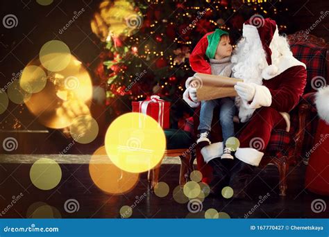 Santa Claus And Little Boy Near Christmas Tree Stock Image Image Of
