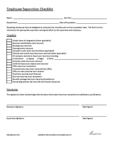 Employee Separation Checklist Business And Pdf