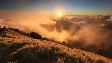 Morning Sunrise Landscape Clouds Mountain Grass Wallpaper Nature