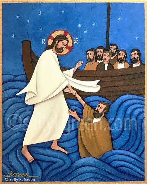 Jesus And Peter Walk On Water Icon By Sally K Green