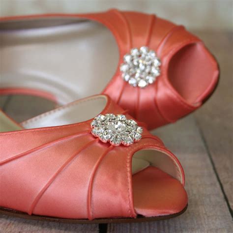 Coral Wedding Shoes Wedding Shoes Peeptoes Kitten Heel Low Etsy Uk