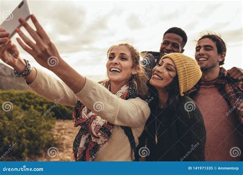 Group Selfie On Hiking Trip Stock Image Image Of Multi Group 141971335