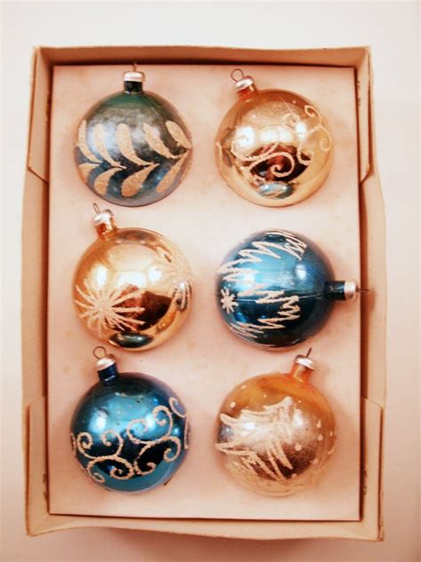 Vintage Box 6 Italian Glass Christmas Ornaments Blue Silver