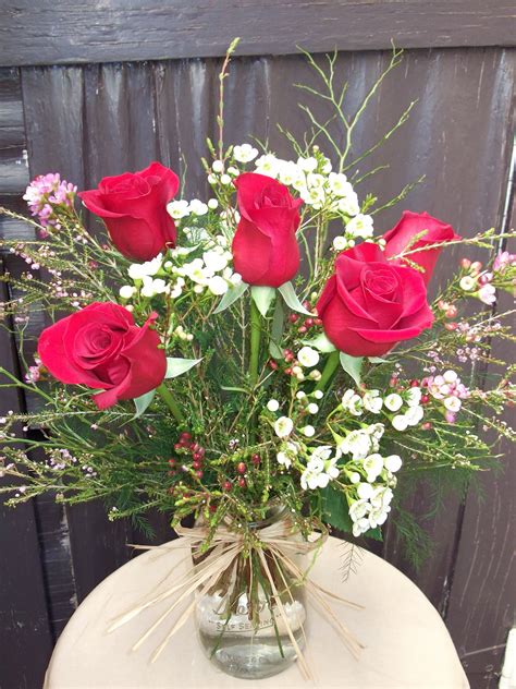 Red Roses In Mason Jar By Westwood Flower Garden