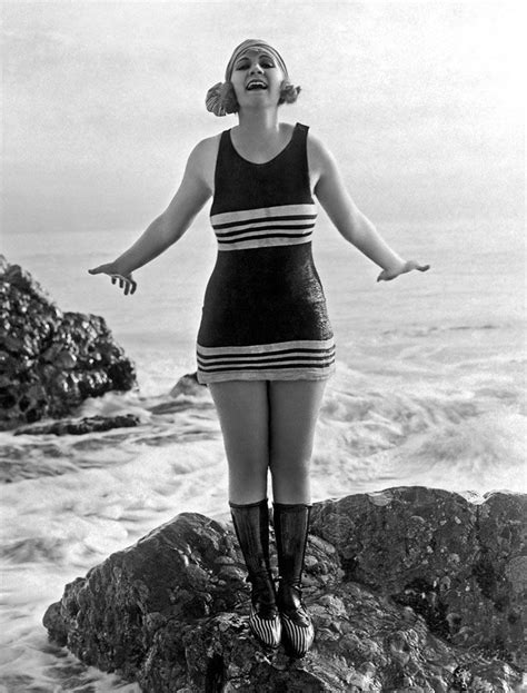 A Flapper In Her Bathing Suit On A Rock At The Beach Los Angeles 1922