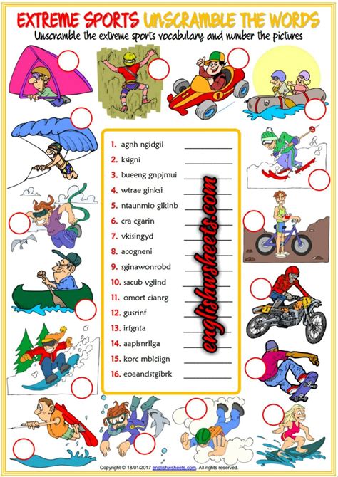 If you want to review some key health vocab, then consider playing this fun game for kids. Extreme Sports Esl Printable Unscramble the Words ...