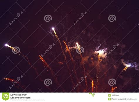 Fireworks Display On Dark Sky Stock Photo Image Of Colored Night
