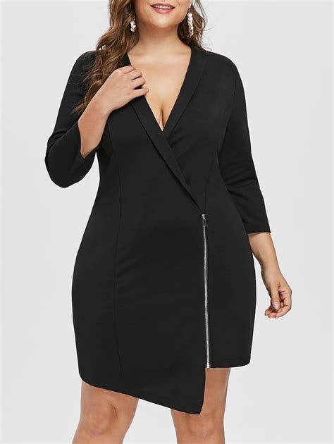 Black 3x Plus Size Zipper Asymmetric Surplice Dress