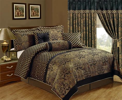 Chezmoi Collection Lisbon 7 Piece Black Gold Jacquard Floral Comforter