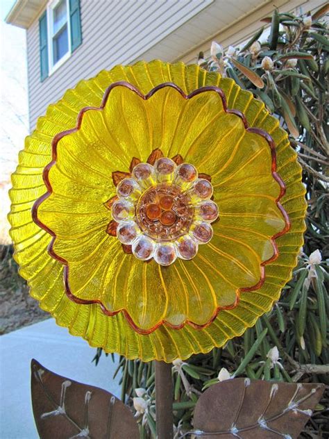 Plate Flowers Yard Art Glass Garden Flower Upcycled Glass Plate Flowers