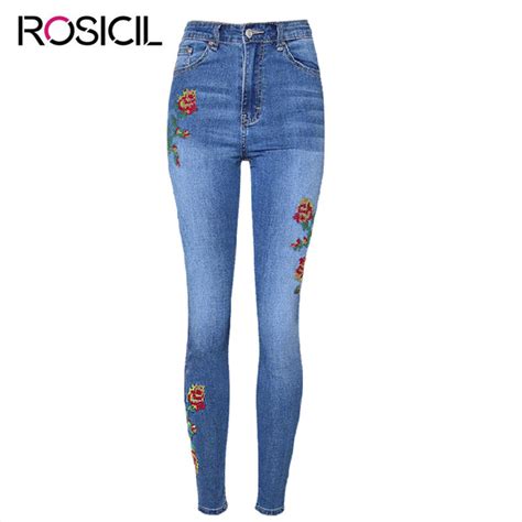 Rosicil New Style Casual Denim Jeans Womens High Waist Tight Elastic Embroidery Denim Pencil