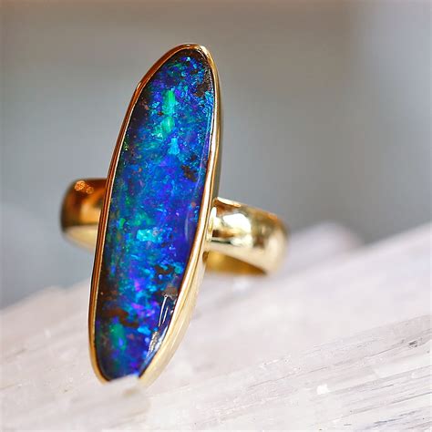 Blue Green Boulder Opal Ring