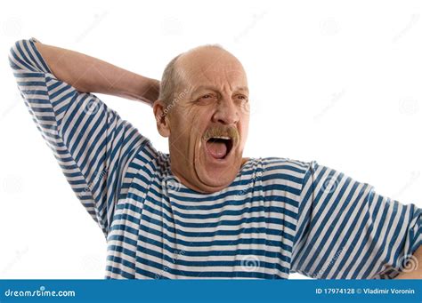 Elderly Man In A Stripped Vest Yawns Stock Photo Image Of Elderly