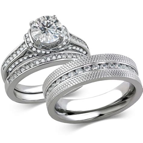 St1919 Arcjss485 His And Hers Stainless Steel 3 Piece Cz Wedding Ring Set