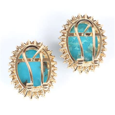 Lot Sleeping Beauty Turquoise And Diamond 14K Yellow Gold Earrings 1 H