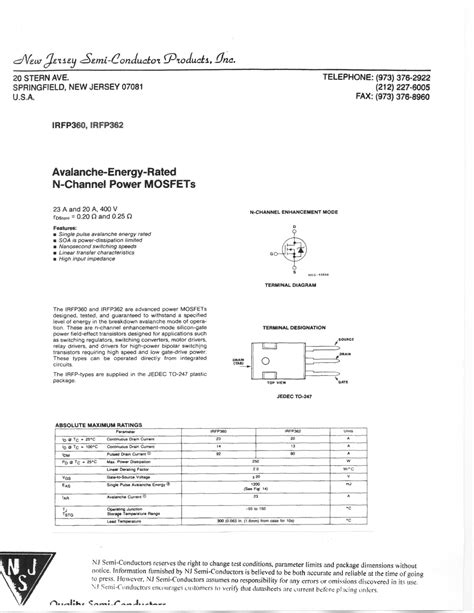 Datasheet Irfp360 Irfp362 New Jersey Semiconductor Preview And Download