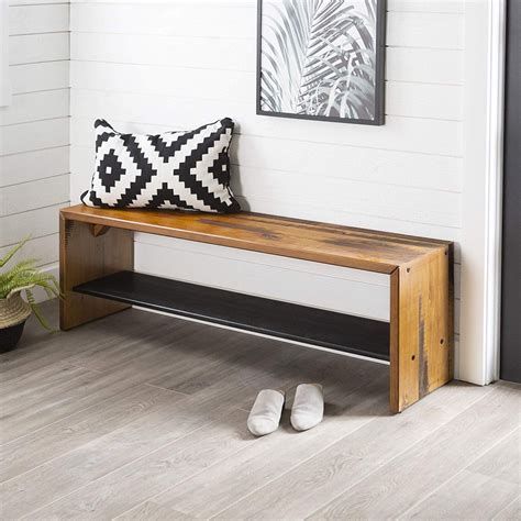 Long Solid Wood Entryway Bench Rustic Distressed Finish With Bottom