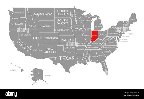 Indiana Red Highlighted In Map Of The United States Of America Stock
