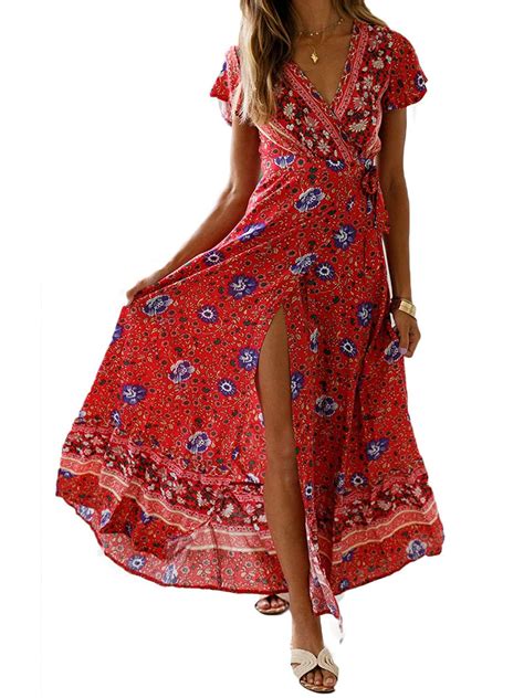 Focusnorm Womens Summer Short Sleeve Floral Print Maxi Dress Bohemian