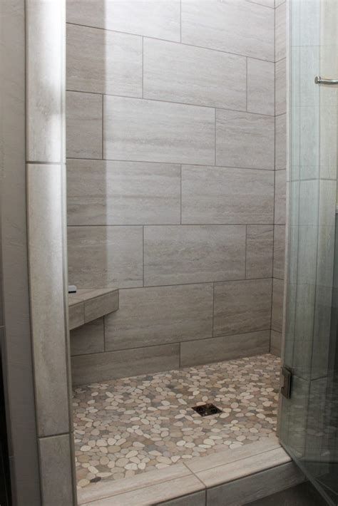 Gray Tiled Shower With Accent Pebble Tile Shower Floor Bathroom