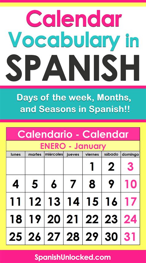Learn Easy Spanish Fast Calendar In Spanish Days Of The Week Months