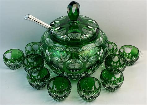 Lot Vintage Nachtmann Germany Bamberg Emerald Green Cut To Clear Punch Bowl W Lid 10 Mugs