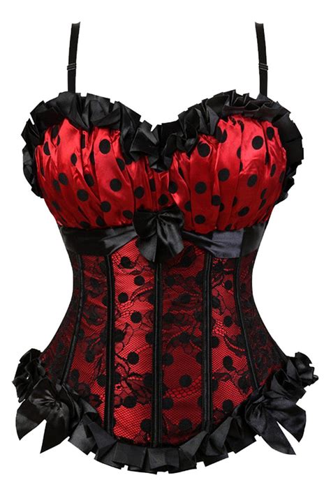 Atomic Red Satin And Lace Burlesque Polka Dot Corset Shapewear Tops