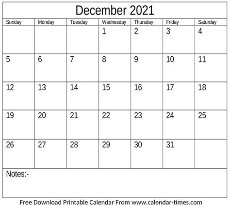 December 2021 Calendar With Holidays Printable Template Download