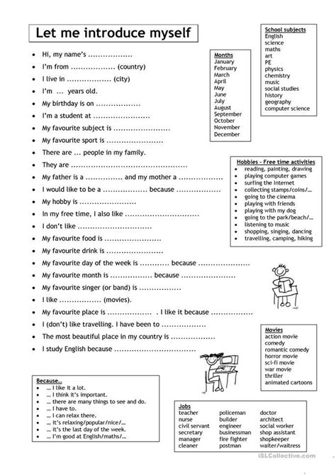Self Introduction English Worksheets For Beginners Adults