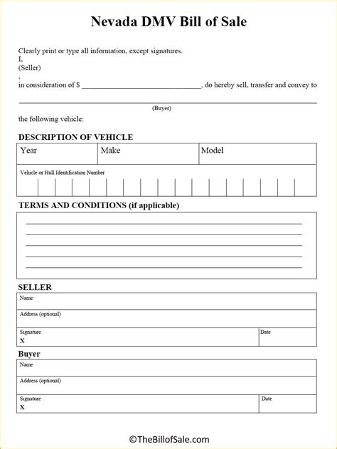 Nevada Bill Of Sale Form For General Car Vehicle And Dmv Pdf