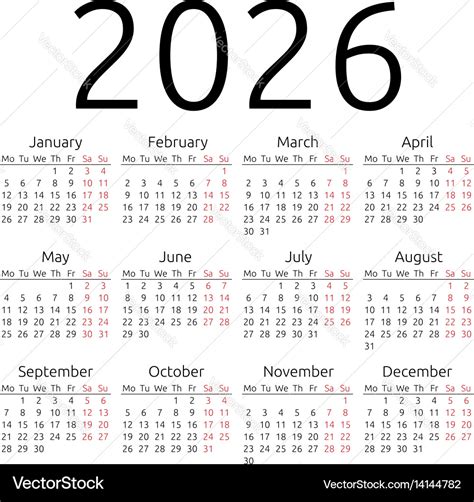 Simple Calendar 2026 Monday Royalty Free Vector Image