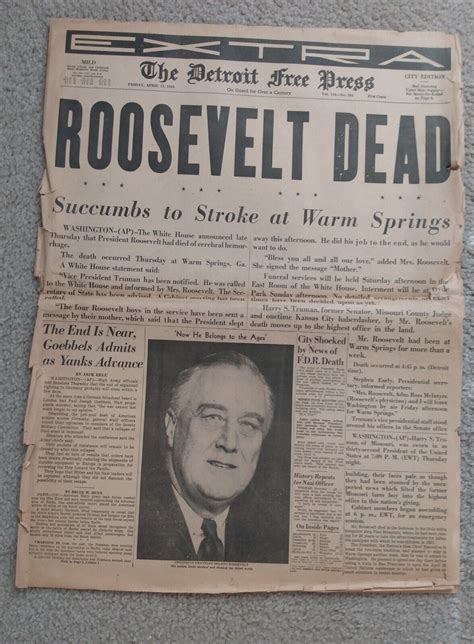 Roosevelt Dead Detroit Press Newspaper April 13 1945 Vintage Ebay