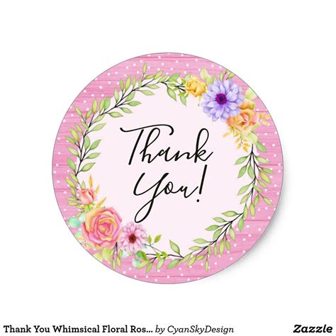 Thank You Whimsical Floral Roses Rustic Pink Wood Classic Round Sticker