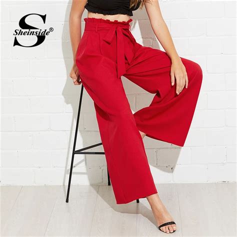 Sheinside Red Belted Wide Leg Pants Office Ladies Ruffle Frill High