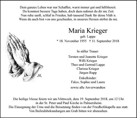 Traueranzeigen Von Maria Krieger WirTrauern