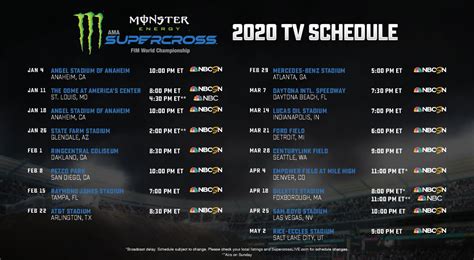 Auto racing schedules and results on espn.com. 2020 Monster Energy Supercross Series TV Broadcast ...