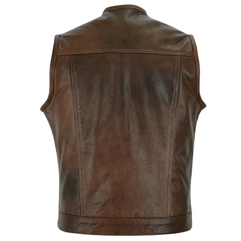 Collarless Sons Of Anarchy Cut Off Cowhide Leather Vest Biker Motorcyc