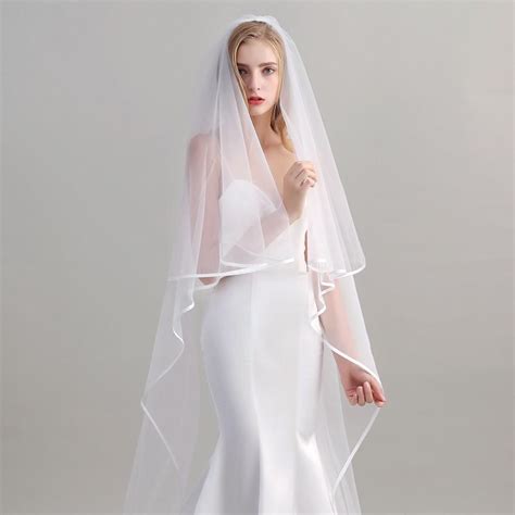 Two Tier Satin Trim Cathedral Veil With Comb Ivory Off White Double