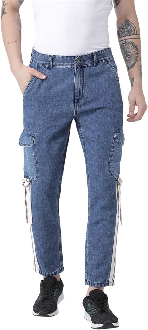 Buy Realm Denim Jeans Cargo For Men Mid Blue Side Tape Cargo Pocket