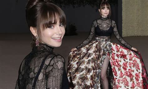 lily collins shows off lean legs in spiced floral skirt at academy museum gala in la